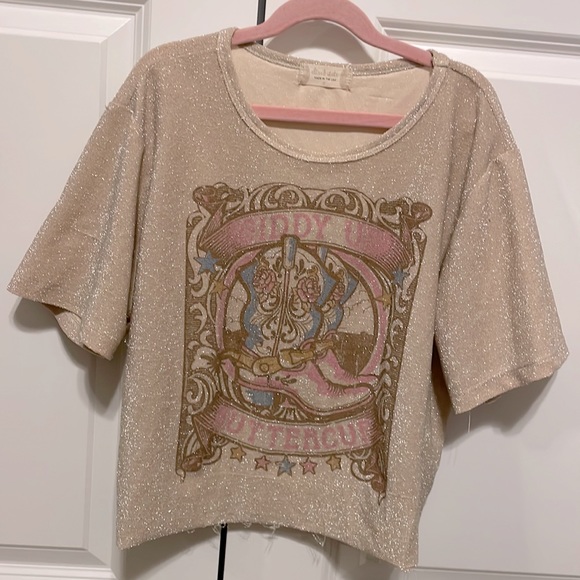 Altar'd State Tops - Alter’d State Gold sparkly “giddy up buttercup” cropped top
